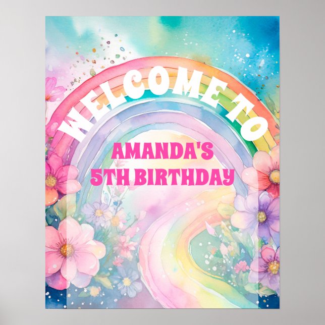 Pastel Rainbow Flowers Låt oss Party Retro Birthda Poster (Framsidan)