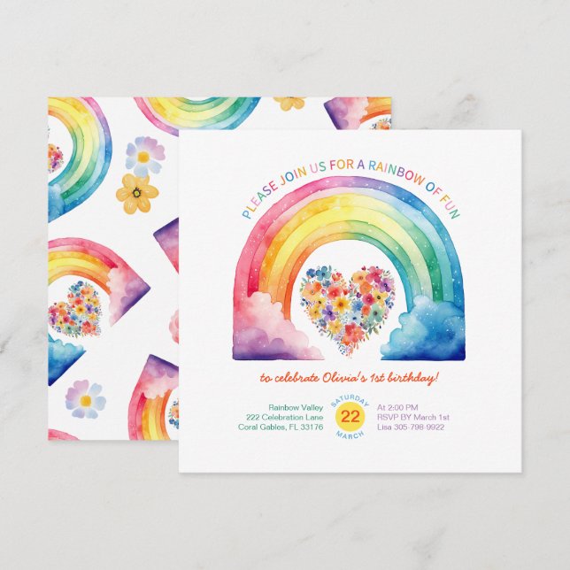 Pastel Rainbow Girl Birthday med moln Inbjudningar (Fram/baksida)