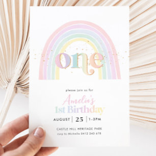 Pastel Rainbow Girls 1:a födelsedag Party Inbjudningar