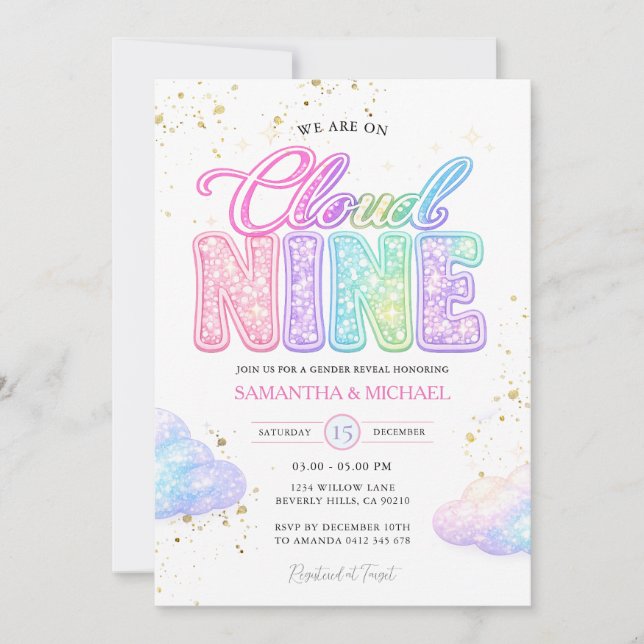 Pastel Rainbow Glitter Lettering Gender Reveal  Inbjudningar (Framsida)