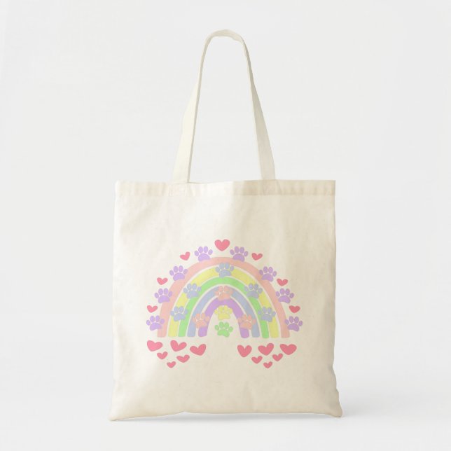 Pastel Rainbow Hearts and Hund Tote Bag Tygkasse (Framsidan)