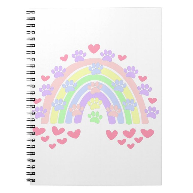 Pastel Rainbow Hearts och Hund Tass avtryck Anteckningsbok (Framsidan)