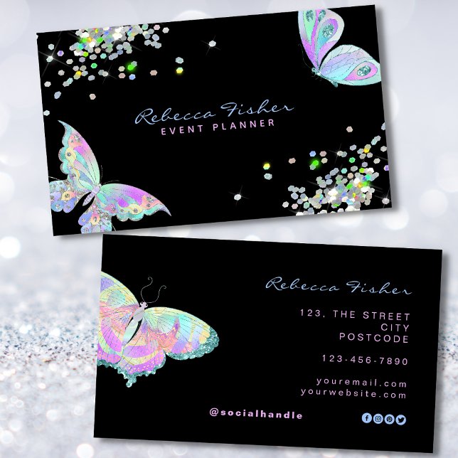 Pastel Rainbow Holografik Iridescent Butterfly Visitkort (rainbow butterfly business cards)