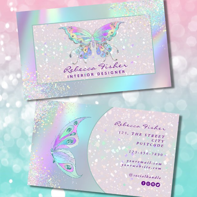 Pastel Rainbow Holografiskt Butterfly-Affärskort Visitkort (butterfly business card)