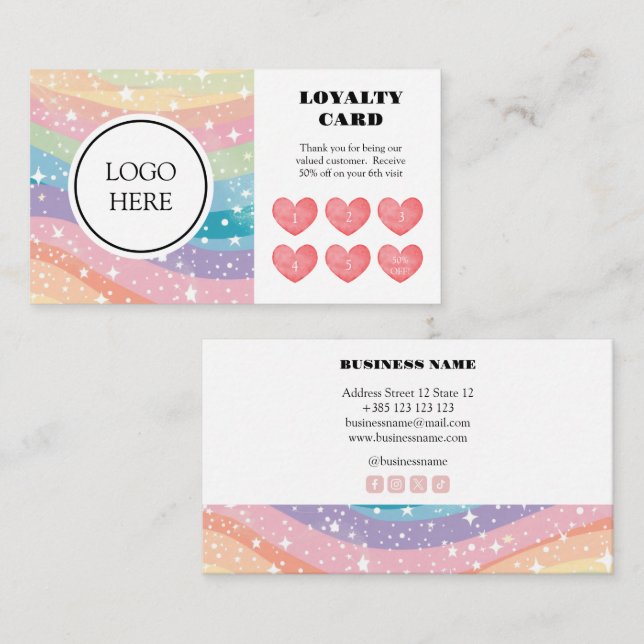 Pastel Rainbow Kawaii Loyalty Card Lojalitetskort (Fram/baksida)