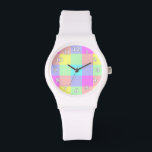 Pastel Rainbow Kontrollerad Armbandsur<br><div class="desc">Den här skarpa, färgstarka designen har en lätt texturerad upprepad kontroll/kvadratisk mönster i en levande regnbåge av pastellskal färg. Det är en snyggt, vibrant, söt plaid Checkerboard mönster som ser ut som vårtid. Njut av den som den är eller använda den som bakgrund för text eller foton. Vakannumren är vita...</div>