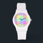 Pastel Rainbow Kontrollerad Armbandsur<br><div class="desc">Den här skarpa, färgstarka designen har en lätt texturerad upprepad kontroll/kvadratisk mönster i en levande regnbåge av pastellskal färg. Det är en snyggt, vibrant, söt plaid Checkerboard mönster som ser ut som vårtid. Njut av den som den är eller använda den som bakgrund för text eller foton. Vakannumren är vita...</div>