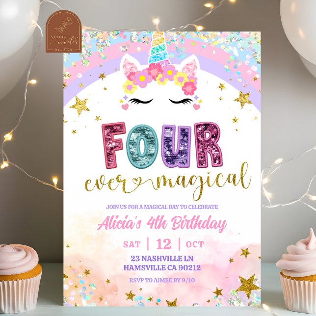 Pastel Rainbow Magical Unicorn 4th Birthday Inbjudningar (Skapare uppladdad)