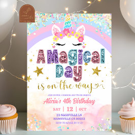 Pastel Rainbow Magical Unicorn girl birthday  Inbjudningar