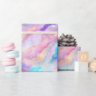 Pastel Rainbow Marble med Guld Glitter Presentpapper