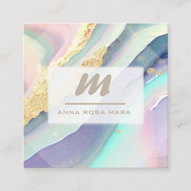 *~* PASTEL Rainbow Marble QR Luxe Initial AP66 Fyrkantigt Visitkort (Framsida)