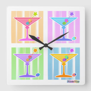 PASTEL RAINBOW MARTINIS WALL CLOCOCK FYRKANTIG KLOCKA