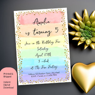 Pastel Rainbow och Guld Hearts any age Birthday Inbjudningar