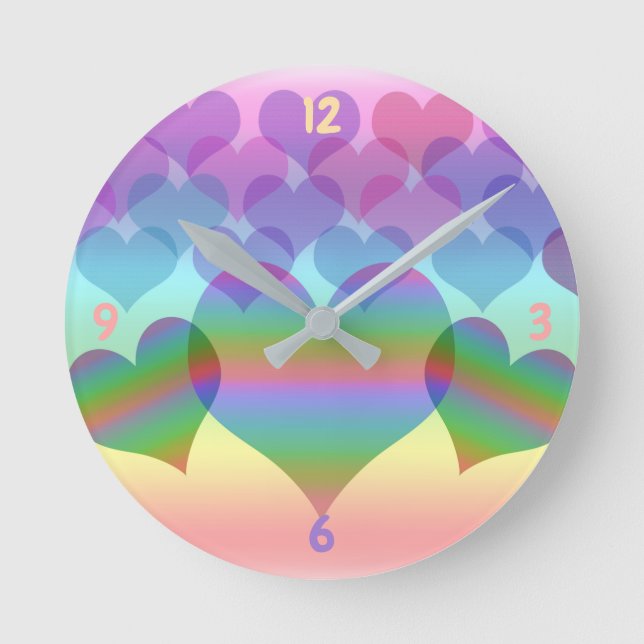 Pastel Rainbow of Hearts Round Clock Rund Klocka (Framsida)