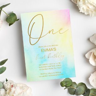Pastel rainbow ombre, första födelsedagsfesten inbjudningar