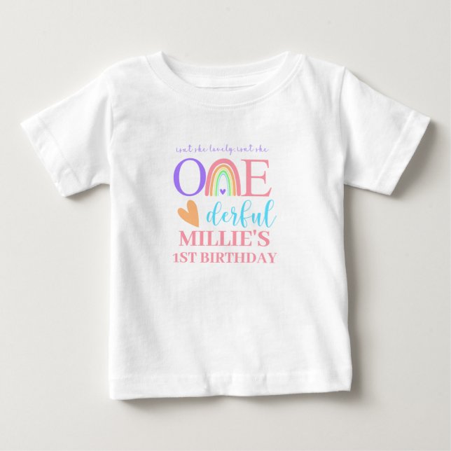 Pastel Rainbow ONEderful 1st Birthday Baby T-Shirt (Framsida)