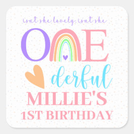 Pastel Rainbow ONEderful 1st Birthday Stickers Fyrkantigt Klistermärke
