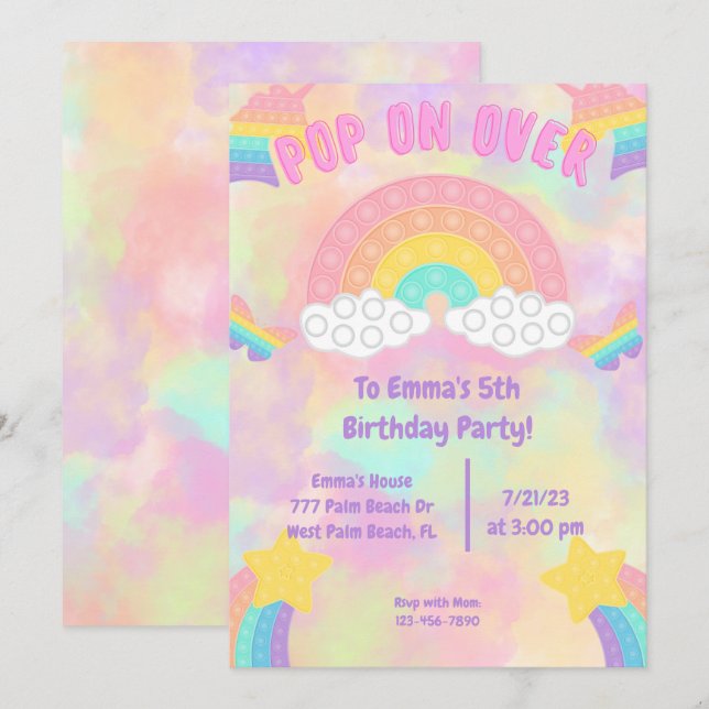 Pastel Rainbow Pop på Pop it Girls Birthday Inbjudningar (Fram/baksida)