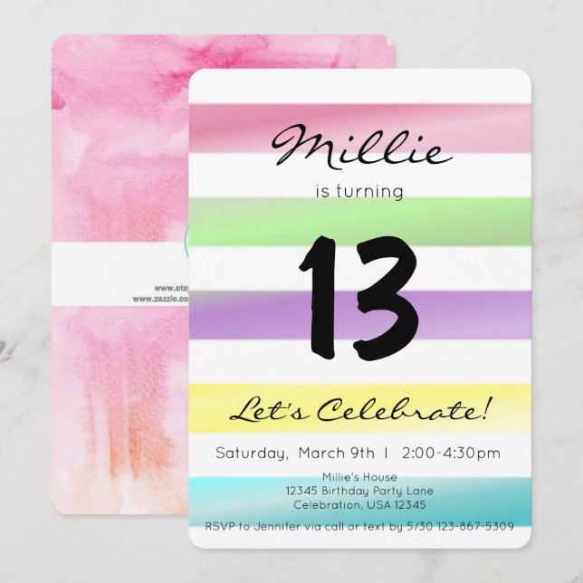 Pastel Rainbow Rand Girl Birthday Inbjudningar (Fram/baksida)