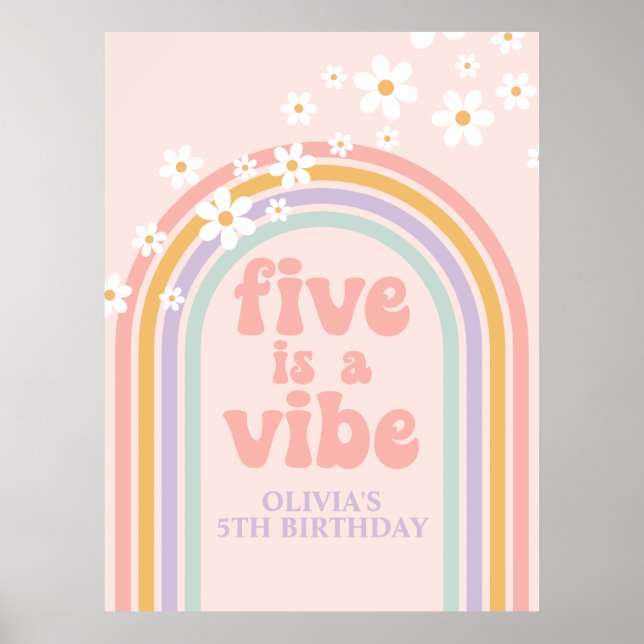 Pastel Rainbow Retro Fem är en vibe 5:e födelsedag Poster (Framsidan)