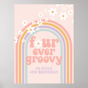 Pastel Rainbow Retro Four All Groovy 4e födelsedag Poster