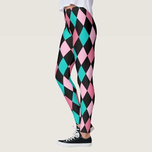 Pastel Rainbow Rhombuses Black Rosa Blue Harlequin Leggings (Vänster)