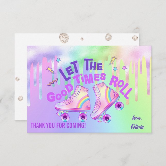 Pastel Rainbow | Roller Skating Birthday Tack Kort (Fram/baksida)