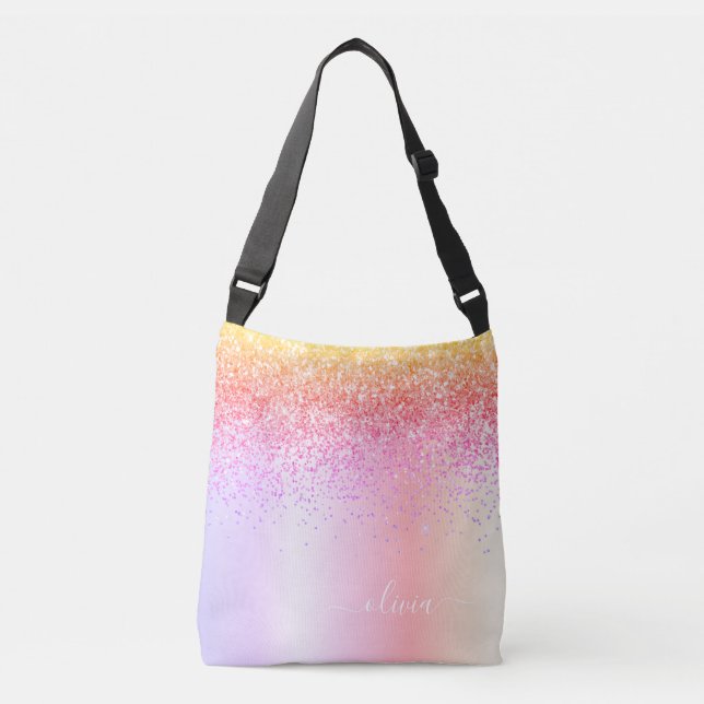 Pastel Rainbow Rosa Guld Lila Glitter Monogram Axelväska (Framsida)