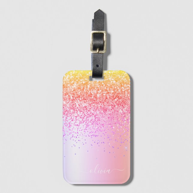 Pastel Rainbow Rosa Guld Lila Glitter Monogram Bagagebricka (Framsida vertikal)