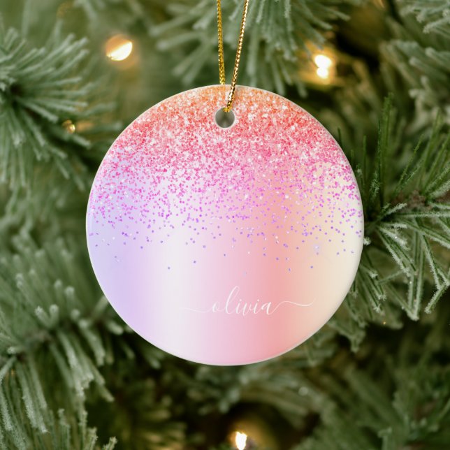 Pastel Rainbow Rosa Guld Lila Glitter Monogram Julgransprydnad Keramik (Träd)