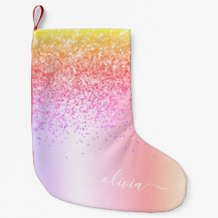 Pastel Rainbow Rosa Guld Lila Glitter Monogram Liten Julstrumpa
