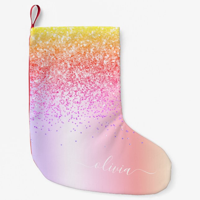 Pastel Rainbow Rosa Guld Lila Glitter Monogram Liten Julstrumpa (Framsidan)