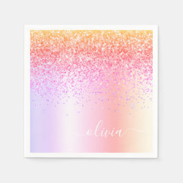 Pastel Rainbow Rosa Guld Lila Glitter Monogram Pappersservett