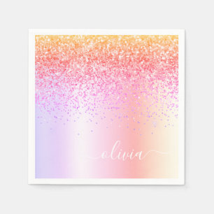 Pastel Rainbow Rosa Guld Lila Glitter Monogram Pappersservett
