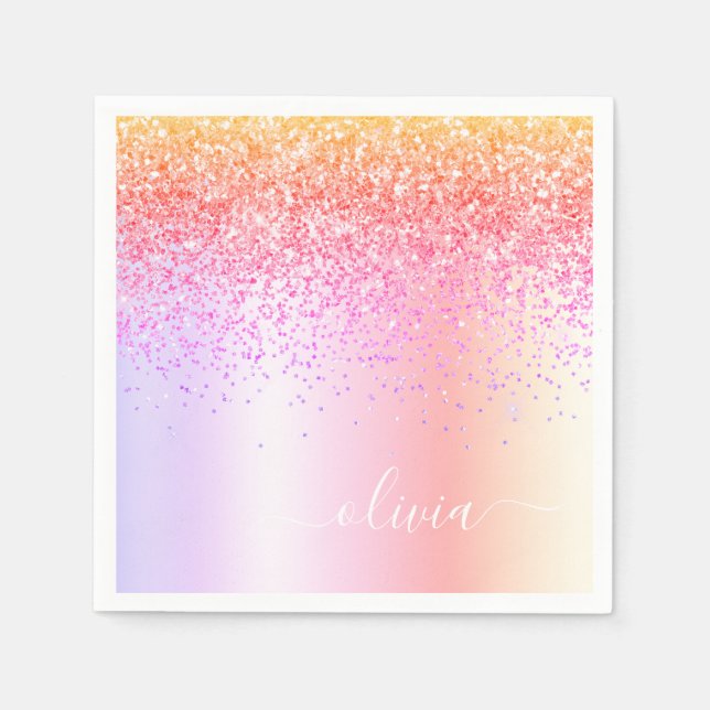 Pastel Rainbow Rosa Guld Lila Glitter Monogram Pappersservett (Framsidan)