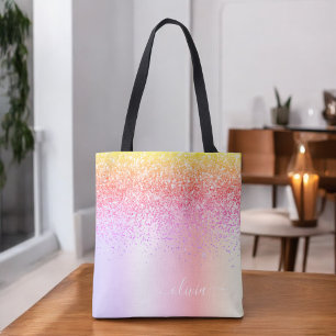 Pastel Rainbow Rosa Guld Lila Glitter Monogram Tygkasse