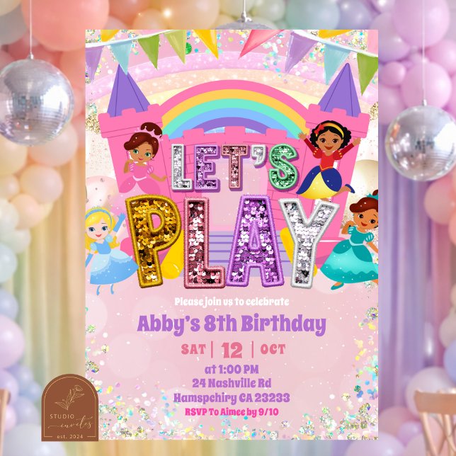 Pastel Rainbow Sequin Bounce Castle Birthday Inbjudningar (Skapare uppladdad)
