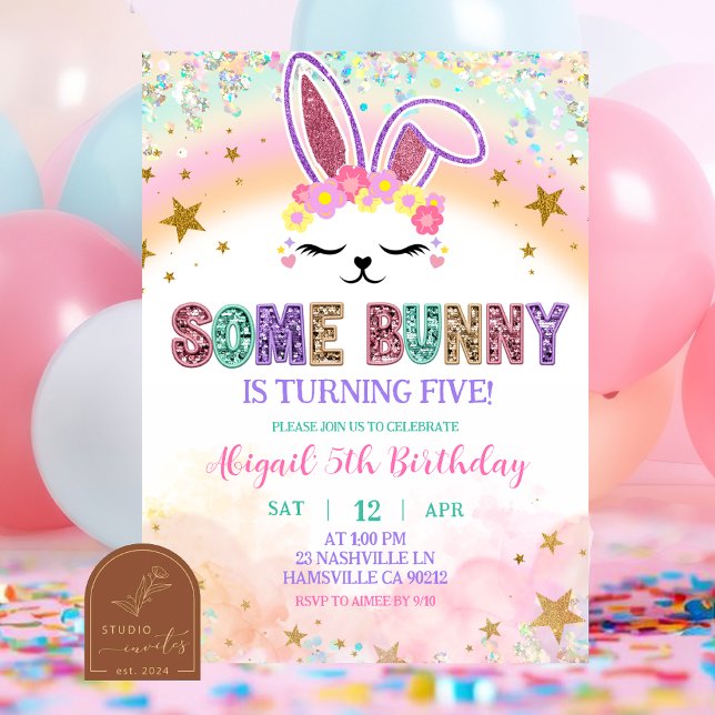 Pastel Rainbow Sequins Bunny Invitation Inbjudningar (Skapare uppladdad)