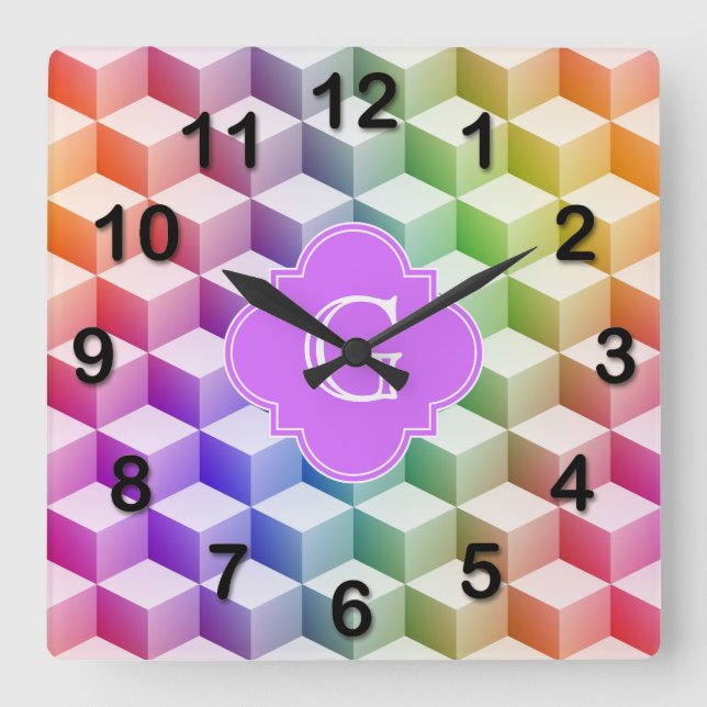Pastel Rainbow Shaded 3D Cubes Lilac Monogram Fyrkantig Klocka (Framsida)