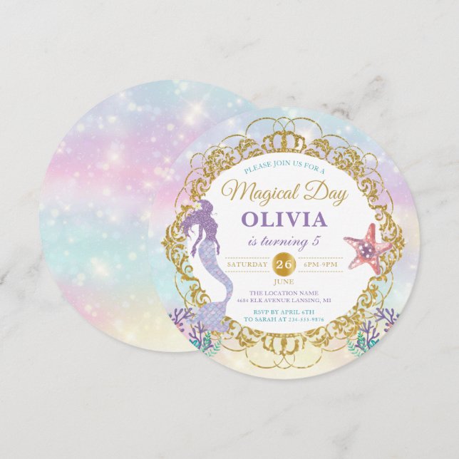 Pastel Rainbow Sjöjungfru under Havsdagen Inbjudningar (Fram/baksida)
