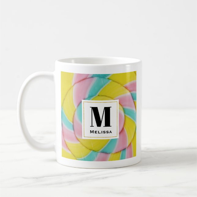 Pastel Rainbow Spiral Candy Photo Monogram Kaffemugg (Vänster)