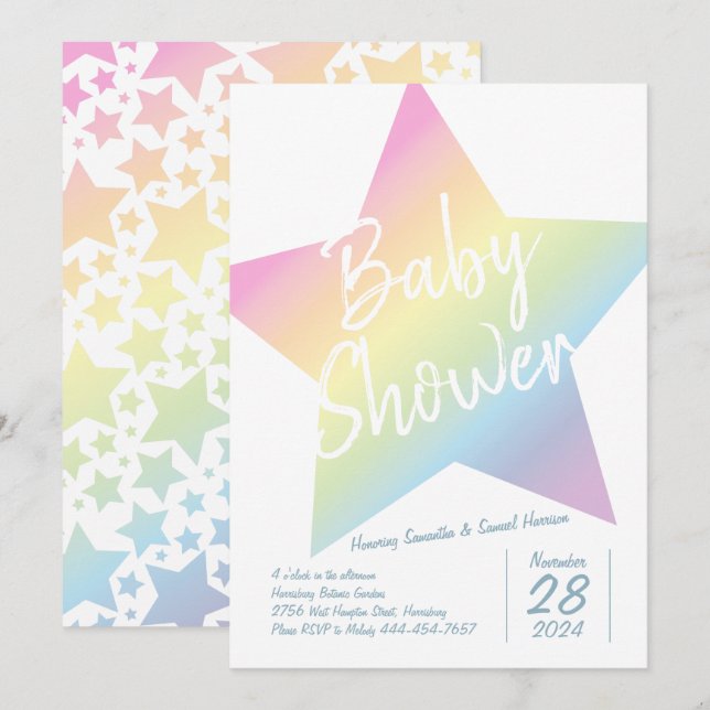 Pastel Rainbow Stars Baby Shower Simple Modern Inbjudningar (Fram/baksida)