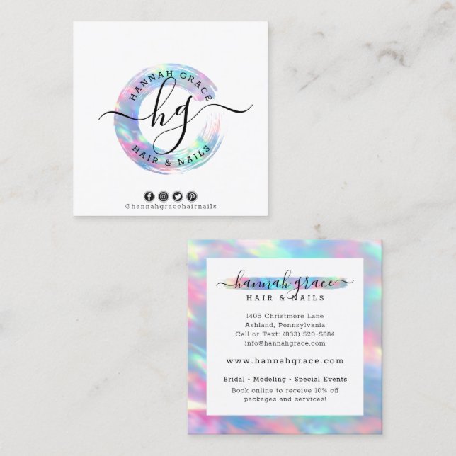 Pastel Rainbow Swash Logotyp Hair Nagel Social Med Fyrkantigt Visitkort (Fram/baksida)