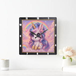 Pastel Rainbow Tecknad Unicorn Fyrkantig Klocka