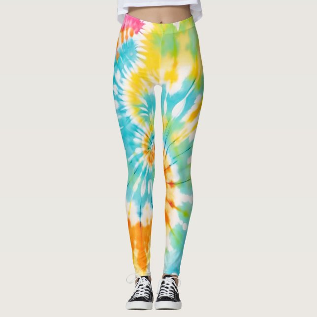 Pastel Rainbow Tie Dye Spiral Pattern Leggings (Framsida)