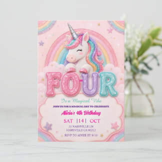 Pastel Rainbow Unicorn 4TH Birthday Girls Inbjudningar