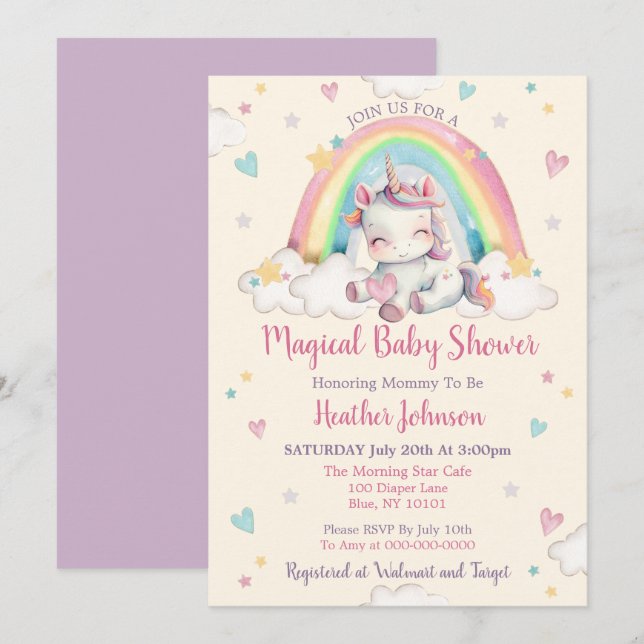 Pastel Rainbow Unicorn Baby Shower Inbjudningar (Fram/baksida)