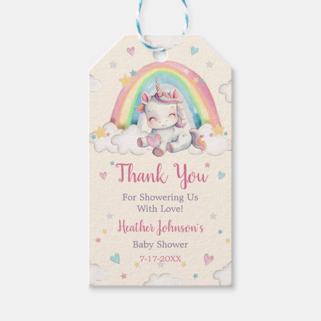 Pastel Rainbow Unicorn Baby Shower Presentetikett (Framsidan)