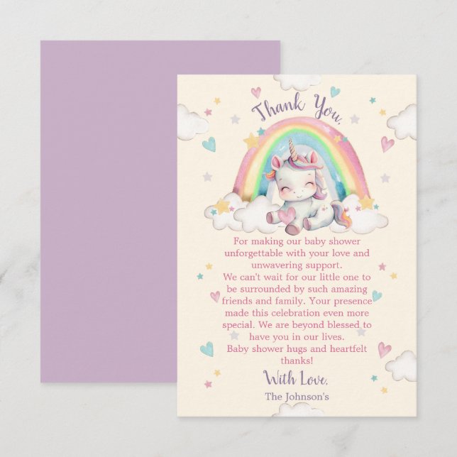 Pastel Rainbow Unicorn Baby Shower Tack Kort (Fram/baksida)