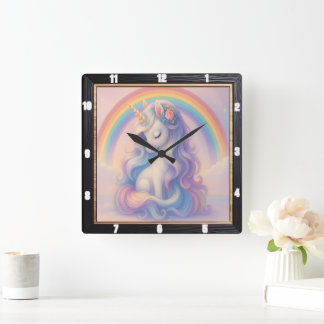 Pastel Rainbow Unicorn Dream Fyrkantig Klocka